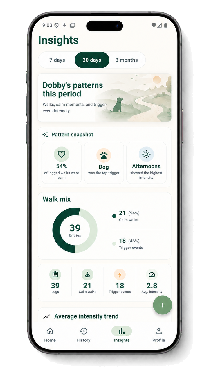 CalmWalk insights screen showing a pattern snapshot and walk mix.